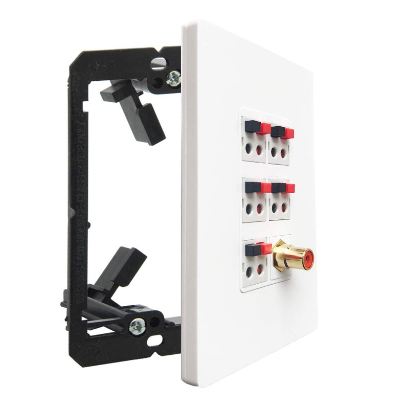 DIYTECH Premium Speaker Wall Plate, 5 Speaker Audio Connector, 1 RCA Subwoofer, Supports 5.1 Speaker Configurations, Speaker Wire Wall Plate, 1 Gang Screwless - Image 1